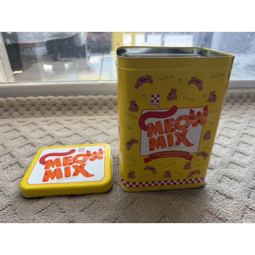 Purina MEOW MIX TIN Collectible 1996 Tin Cat Food Canister Tin Vintage Kitty Tin